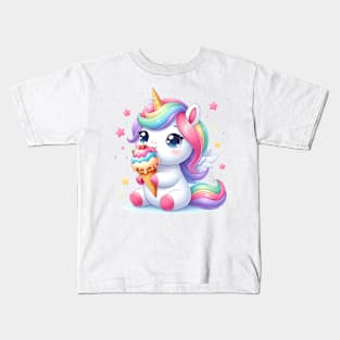 Cute colorful unicorn having ice cream Kids T-Shirt